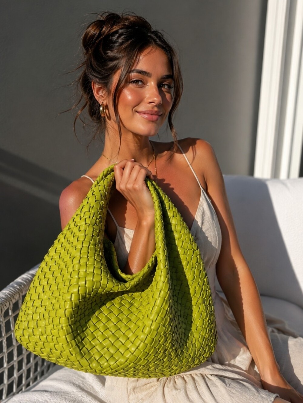 Woven Hobo Shoulder Bag in Lime Green